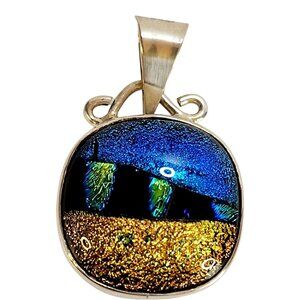 VTG Studio Artist Iridescent Sterling Silver 925 Dichroic Glass Pendant .86"